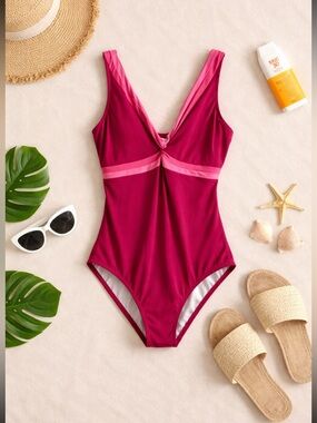 Lands’ End Tummy Control One Piece Swimsuit 8 Pink Built-In Bra Shaping Swimwear